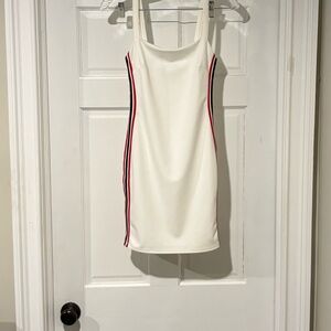 Juniors Blue Blush White Mini Dress with Red & Black Side Stripes